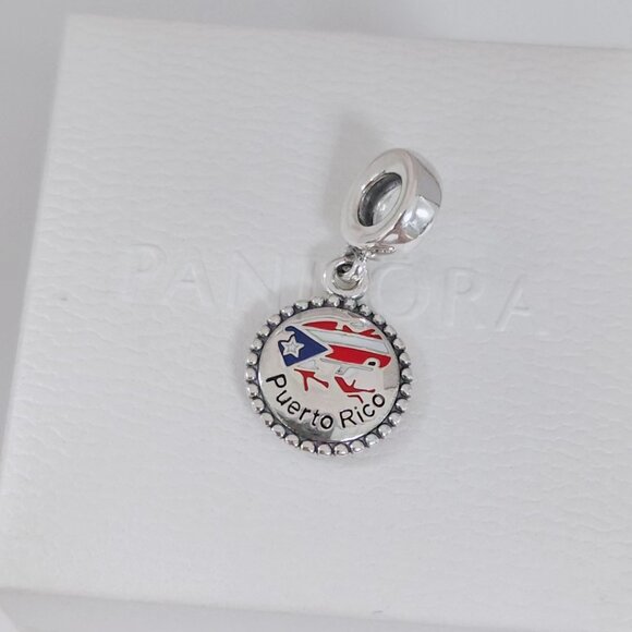 Pandora Engraved Frog Flag Puerto Rico Dangle Charm Travel Vacation Pendant S925 - Picture 3 of 8